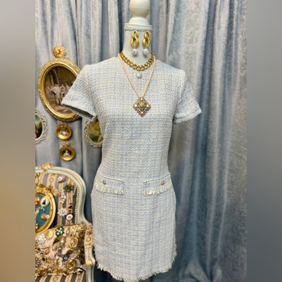 Elegant Blue Tweed Dress With Jewelry Set - Picture 1 of 13